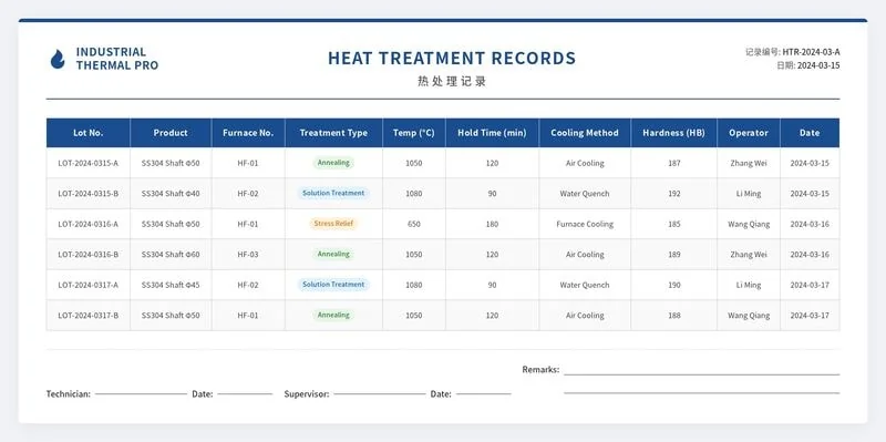 Heat treatment process curve documentation