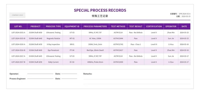 Special process control documentation