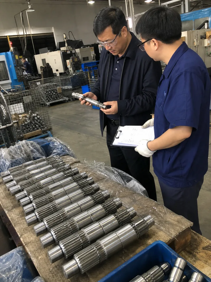Procurement Manager during routine inspection in a working custom transmission shaft factory