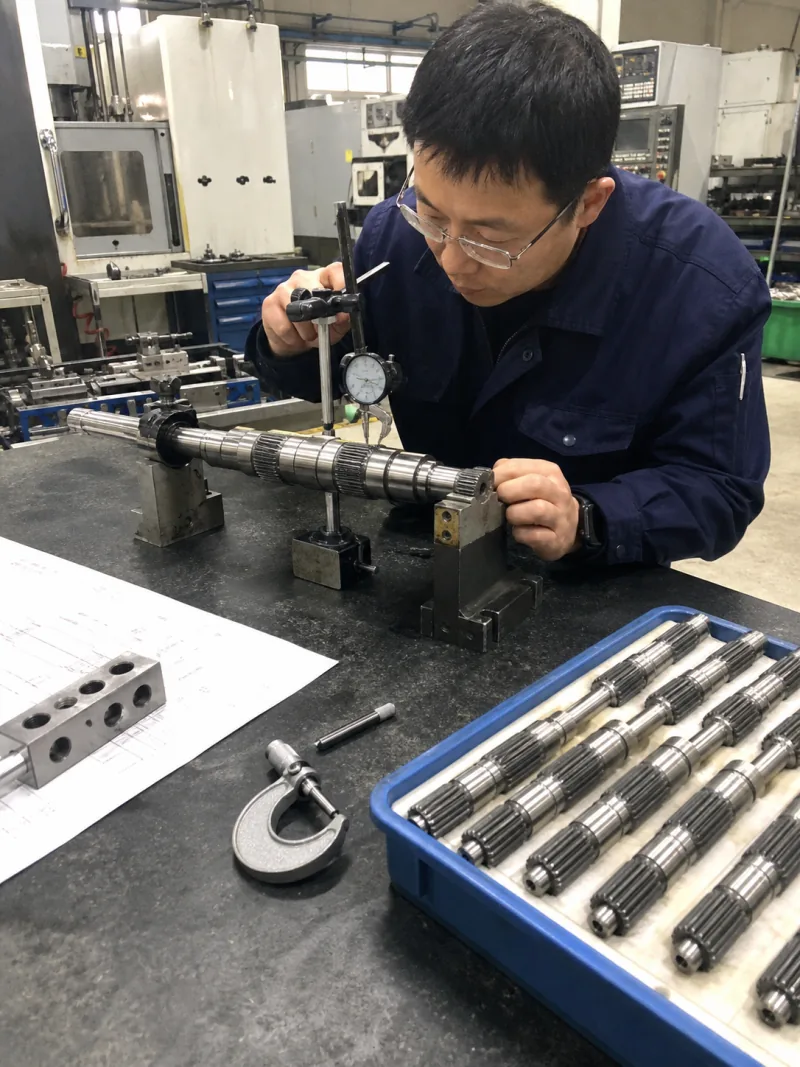 Quality Engineer during routine inspection in a working custom transmission shaft factory